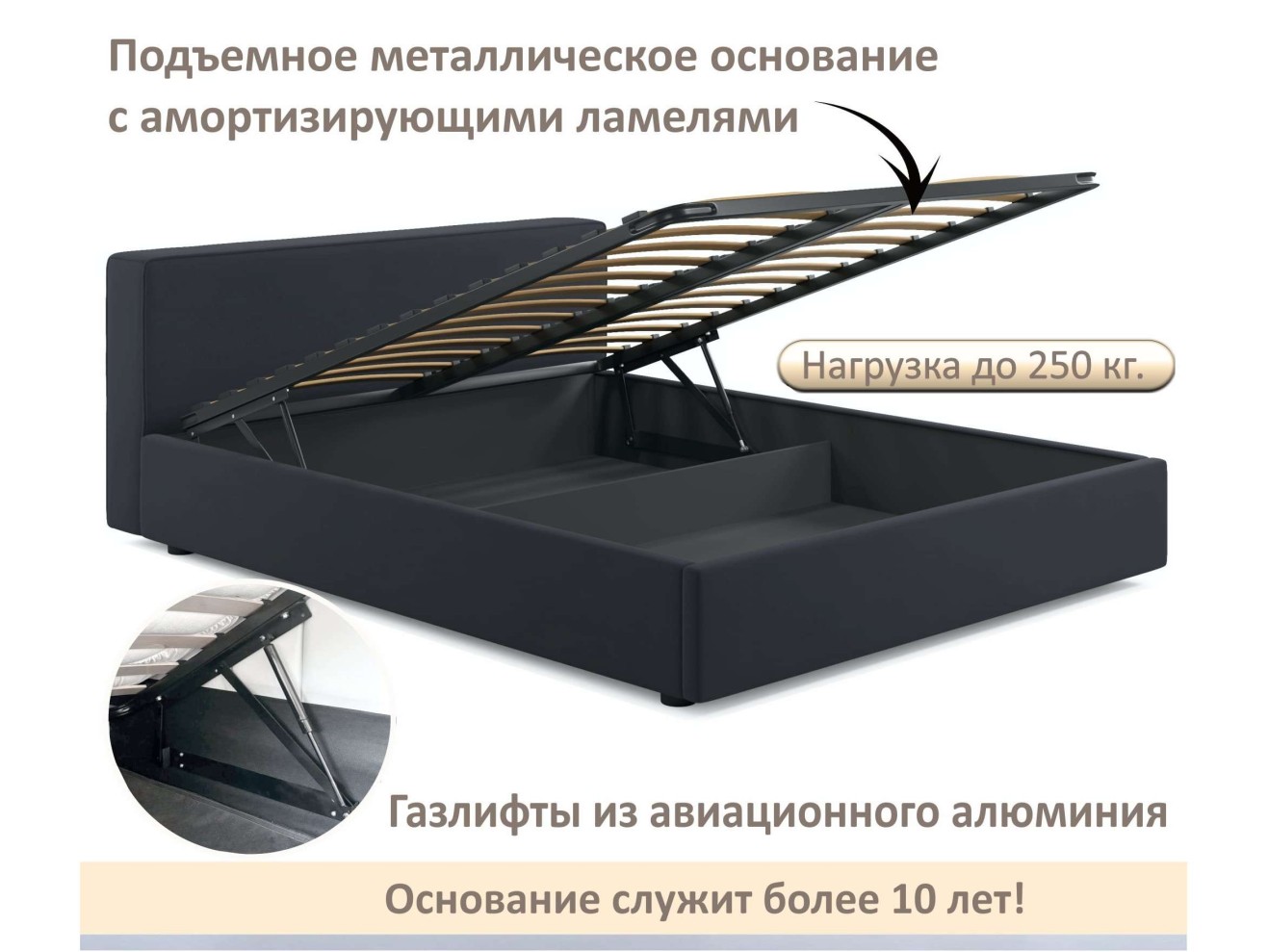 Мягкая кровать Skandi 1600 черная с подъемным механизмом