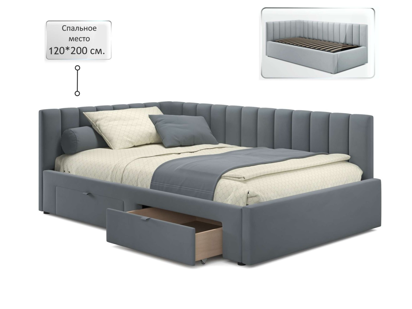 Мягкая кровать-тахта Milena 1200 серая с ящиками