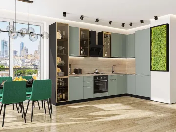 Кухонный гарнитур угловой Квадро-04, МДФ, 340×160 см, Аквамарин