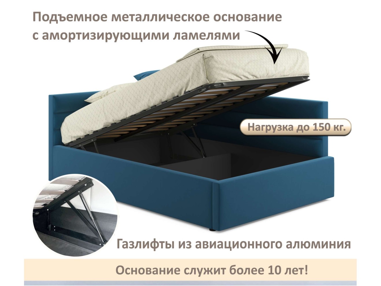 Мягкая кровать-тахта Aura 1200 синяя с подъемным механизмом