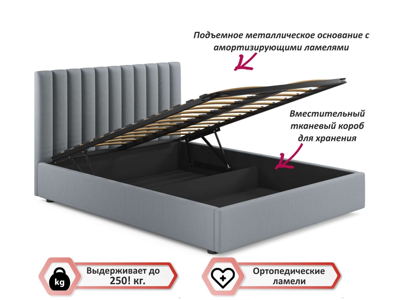 Мягкая кровать с тумбами Olivia 1600 серая с подъемным механизмом