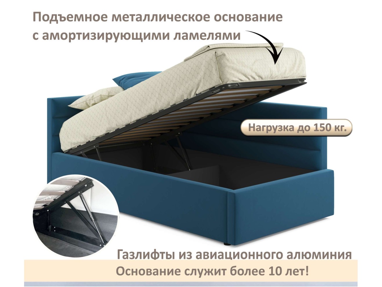 Мягкая кровать-тахта Aura 900 синяя с подъемным механизмом