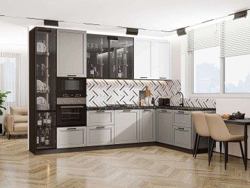 Кухонный гарнитур угловой Нео-04, МДФ/Стекло, 320×180 см, Белый шелк/Глиняный шелк