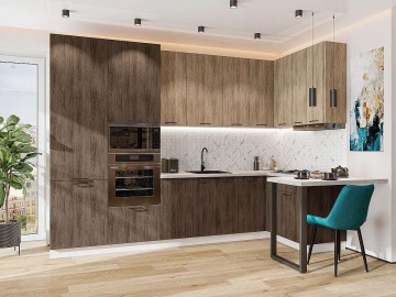 Кухонный гарнитур угловой Флэт-06, МДФ, 320×135 см, Натуральный дуб/Коричневый дуб