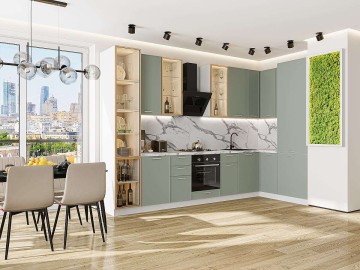 Кухонный гарнитур угловой Квадро-04, МДФ, 340×160 см, Аквамарин