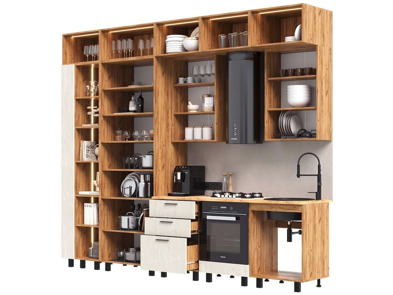 Кухня Рио NEW (металл) 3,2/1260м (490), компоновка №7, Крафт золотой/Шелковый камень арт. 1576555