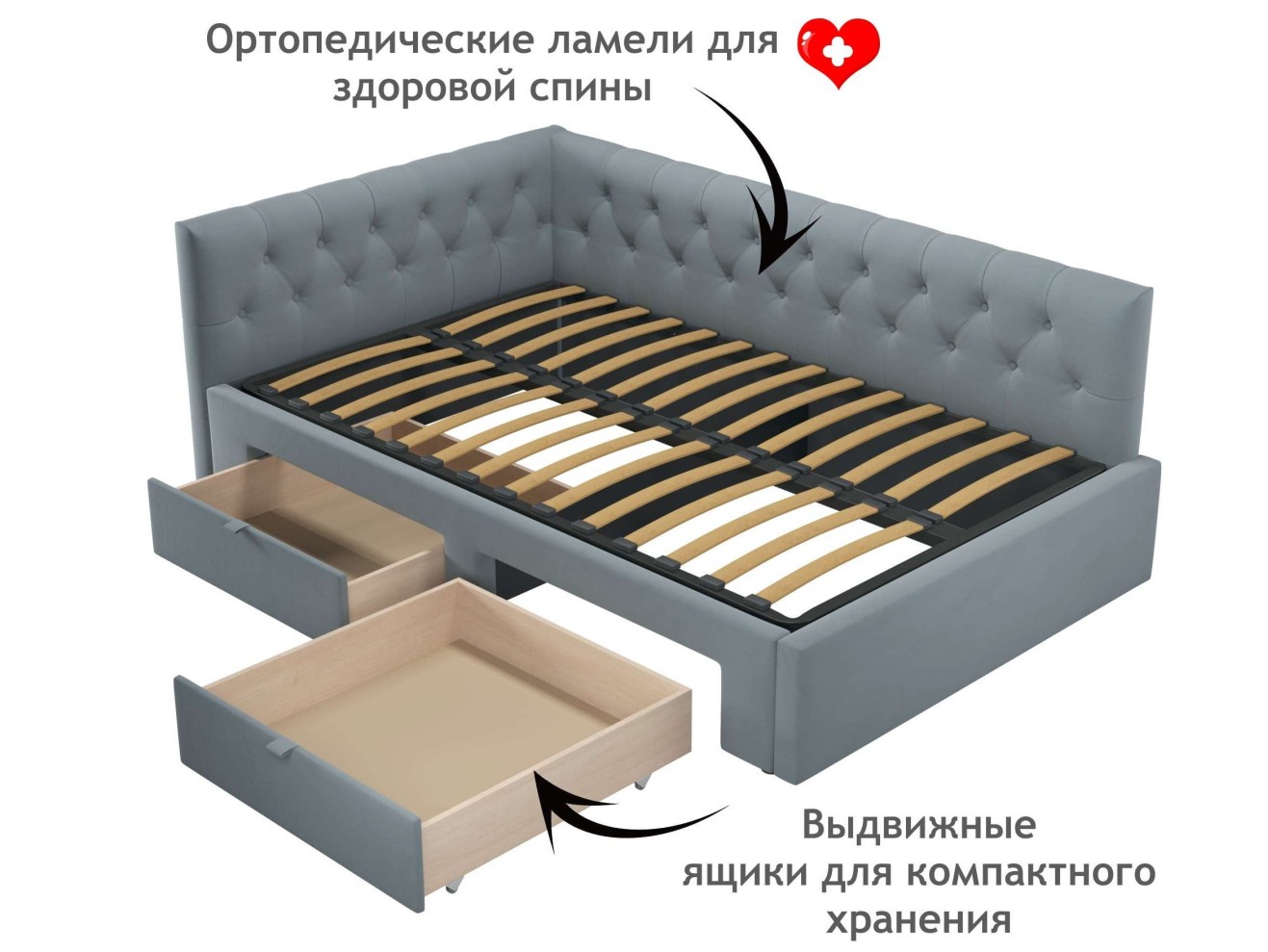 Мягкая кровать-тахта Afelia 1200 серая с ящиками