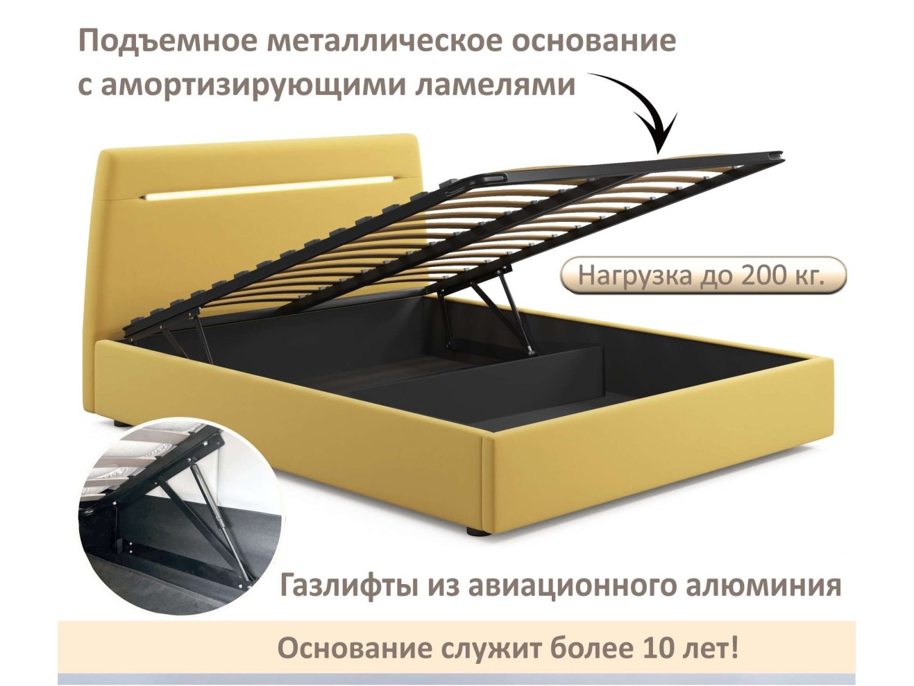Мягкая кровать NEO с подсветкой и подъемным механизмом желтая