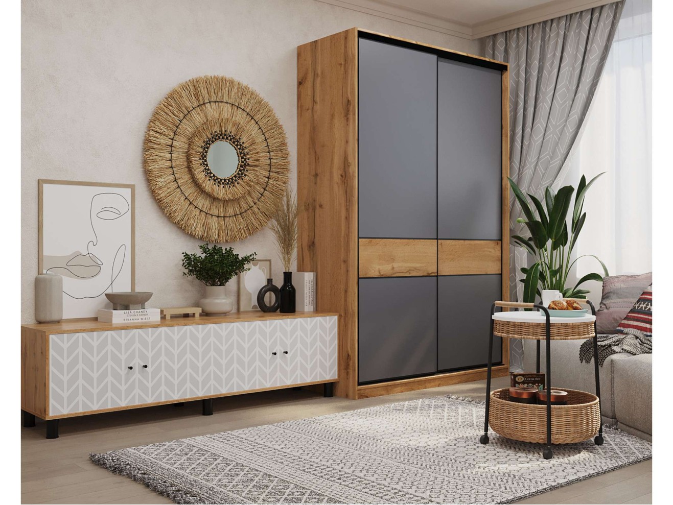 Шкаф-купе СЛИМ,150*60, Дуб вотан, Темно-серый арт. 1563249