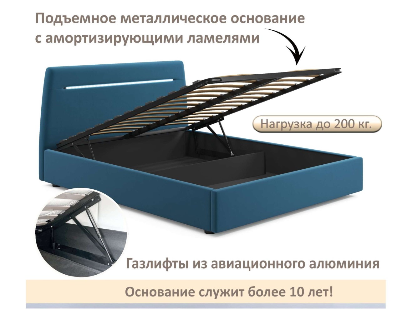 Мягкая кровать NEO с подсветкой и подъемным механизмом синяя