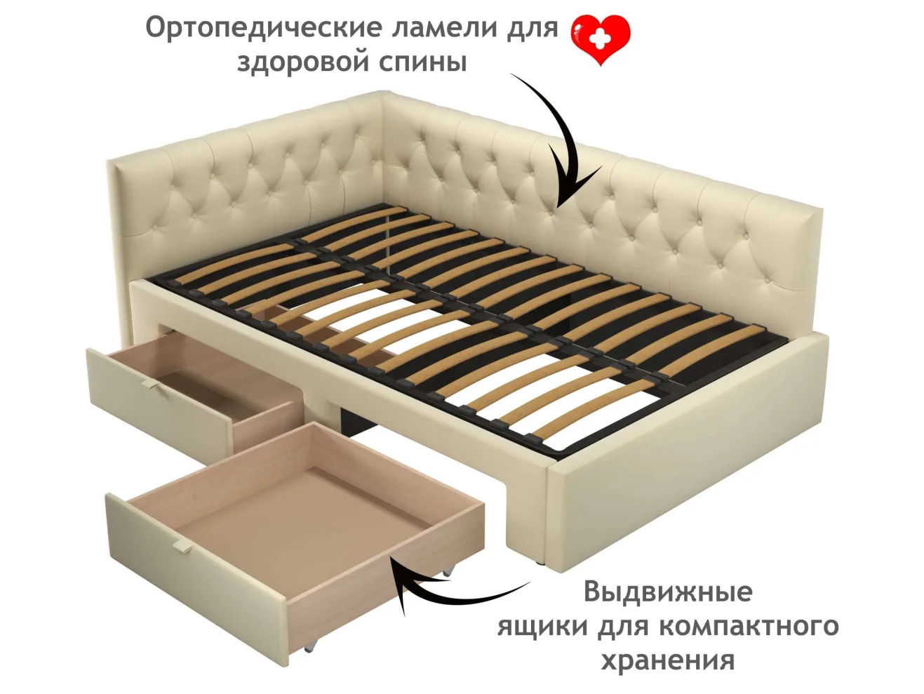 Мягкая кровать-тахта Afelia 1200 бежевая с ящиками арт. 1147029
