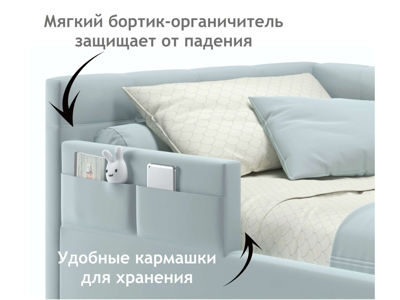 Односпальная кровать-тахта Bonna 900 с защитным бортиком мята пастель и подъемным механизмом