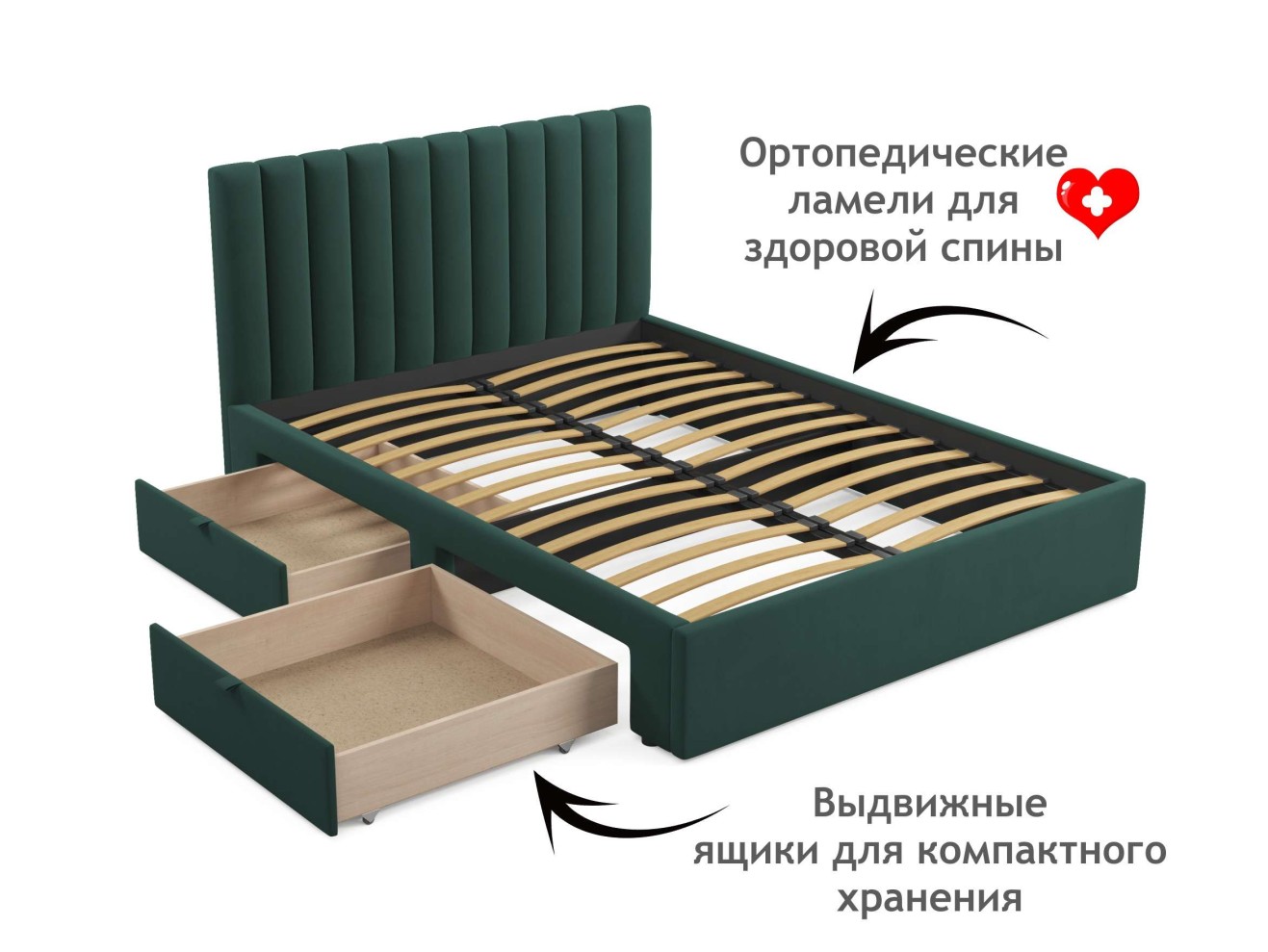 Мягкая кровать Olivia 1600 изумруд с ящиками