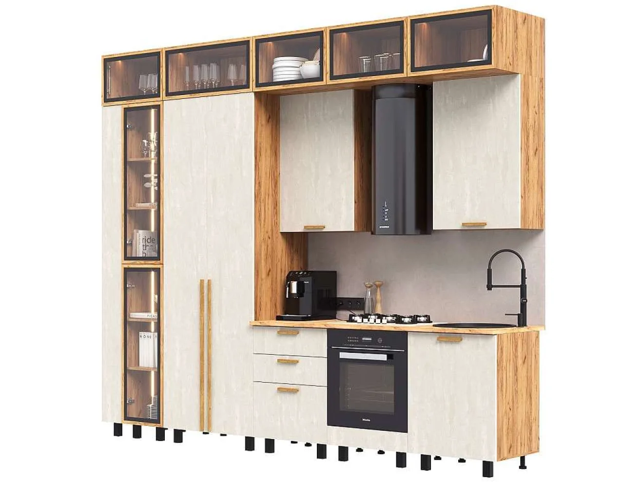 Кухня Рио NEW (дерево) 3,2/1260м (490), компоновка №7, Крафт золотой/Шелковый камень арт. 1576551