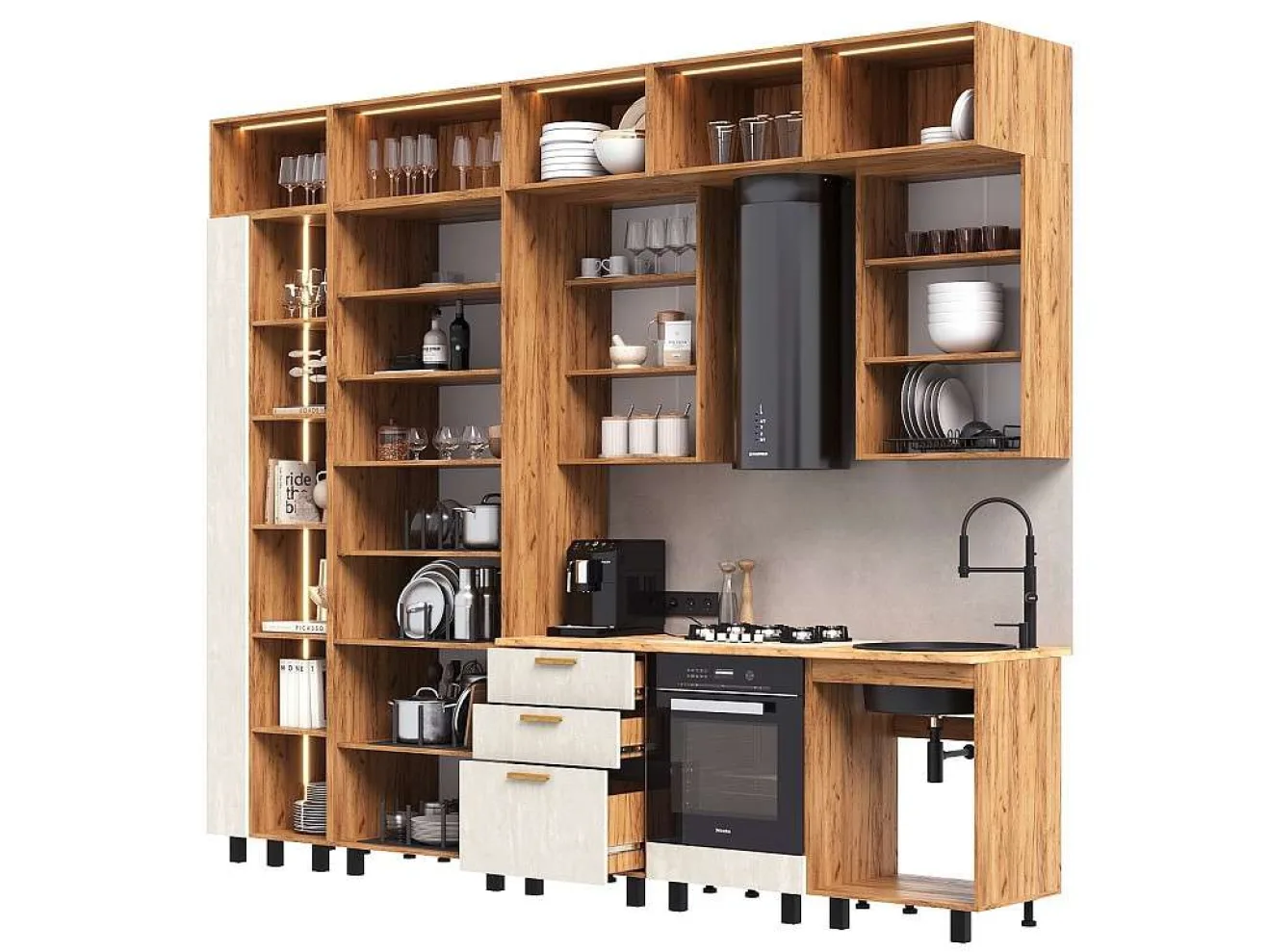 Кухня Рио NEW (дерево) 3,2/1260м (490), компоновка №7, Крафт золотой/Шелковый камень арт. 1576551