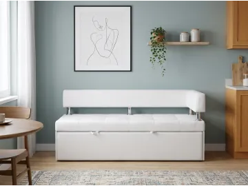 Диван-кровать кухонный Дельфин правый подлокотник, белая экокожа, 170x62х80