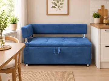 Диван кухонный Парма левый подлокотник, синий микровелюр, 120x60х80