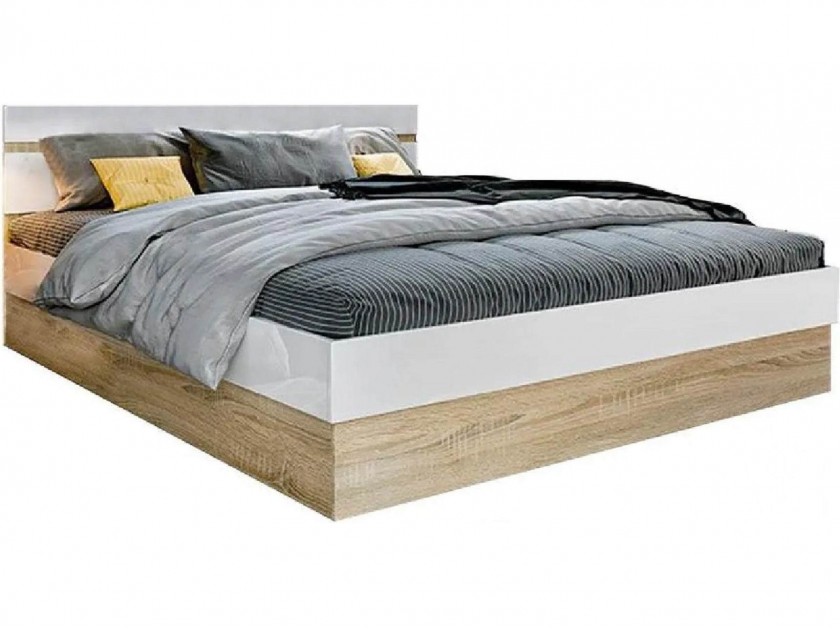 Ким Кровать 140 (Белый глянец, Дуб Сонома) 140х200 Сонома, Бежевый арт ...