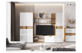 Стенка в гостиную Модульная Роджинамиф (Белый глянец, Дуб Крафт Золотой)