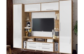 Стенка Гостиная Гармония Белый глянец холодный/дуб крафт