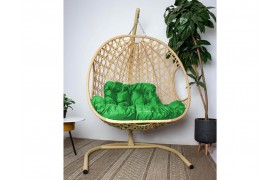 Кресло Подвесное ДЛЯ ДВОИХ ЛЮКС с ротангом бежевое, зелёная