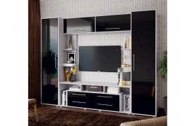 Стенка Гостиная Гармония, Черный глянец, Белый