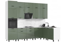 Кухня Техно 3,0х1,8/1080м Компоновка №6, Белый/Олива глянец