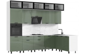 Кухня Техно 3,0х1,8/1080м Компоновка №8, Белый/Олива глянец