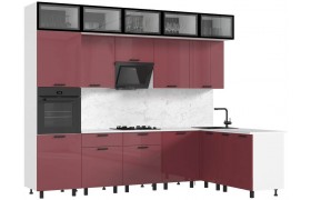 Кухня Техно 3,0х1,8/1080м Компоновка №8, Белый/Марсала глянец