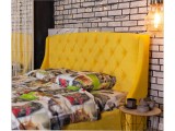 Мягкая кровать Stefani 1600 желтая с ортопед. основанием с матра недорого